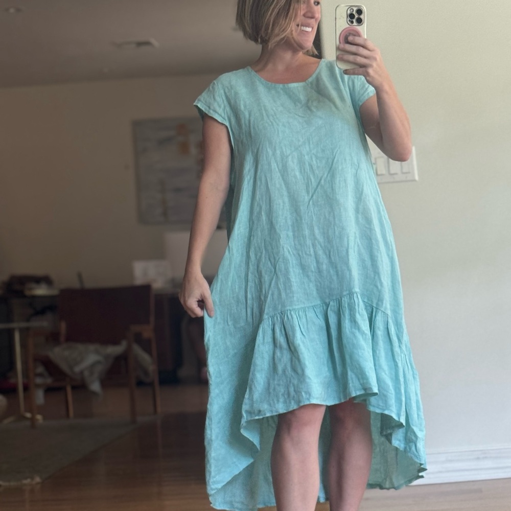 Angela Mara Size XL Linen Aqua Seasalt Seafoam Blue Dress Short Sleeve Italy